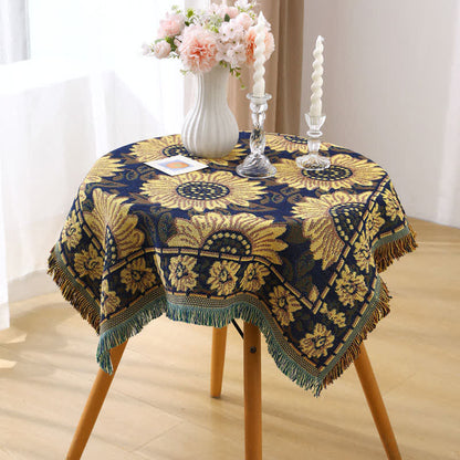 Vintage Jacquard Gerbera Blau Sonnenblumen Tischdecke