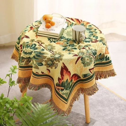 Vintage Jacquard Gerbera Blau Sonnenblumen Tischdecke