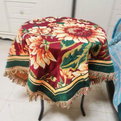 Vintage Jacquard Gerbera Blau Sonnenblumen Tischdecke