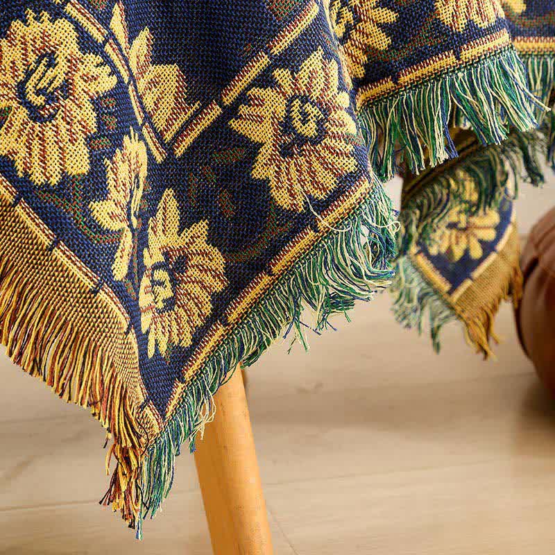 Vintage Jacquard Gerbera Blau Sonnenblumen Tischdecke