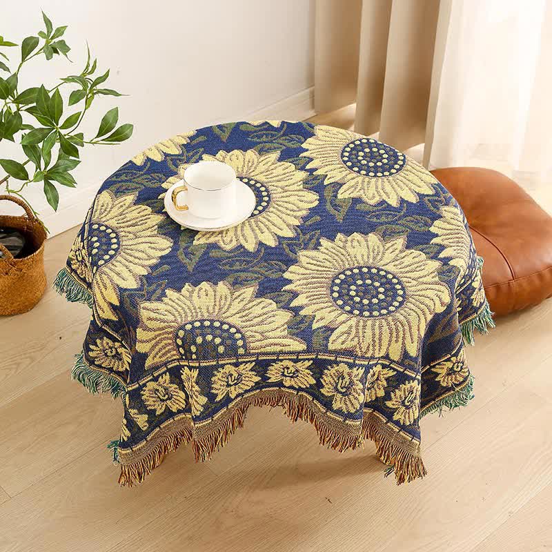 Vintage Jacquard Gerbera Blau Sonnenblumen Tischdecke