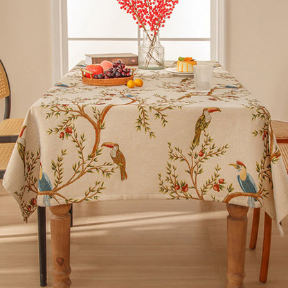 Elegante garngefärbte Tischdecke mit Blumen und Vögeln