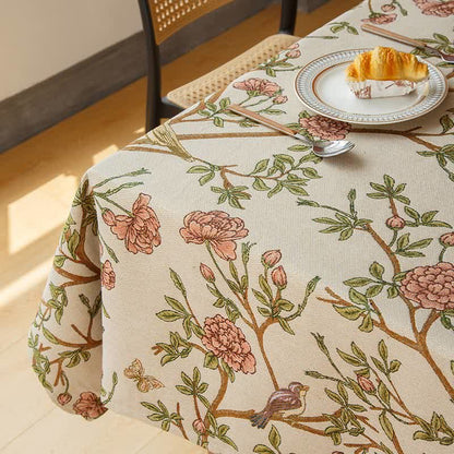 Elegante garngefärbte Tischdecke mit Blumen und Vögeln