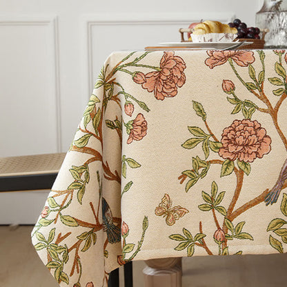 Elegante garngefärbte Tischdecke mit Blumen und Vögeln