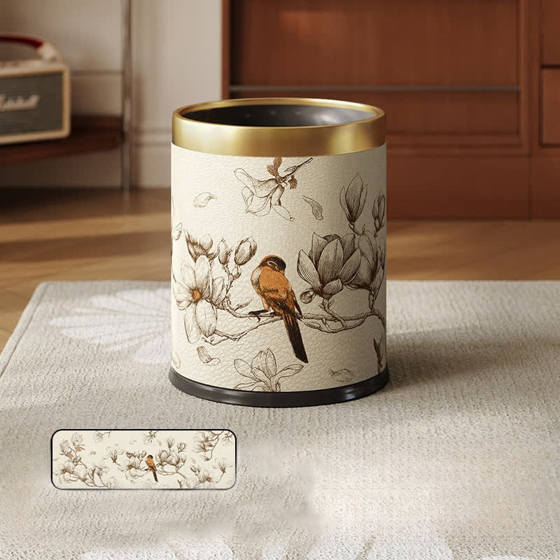 Luxuriöser, langlebiger Mülleimer aus Leder mit Blumen- und Vogelmotiv