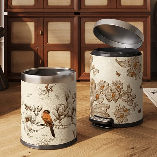 Luxuriöser, langlebiger Mülleimer aus Leder mit Blumen- und Vogelmotiv