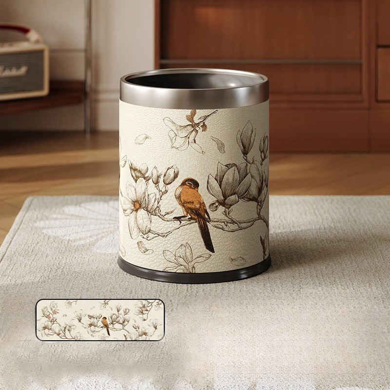 Luxuriöser, langlebiger Mülleimer aus Leder mit Blumen- und Vogelmotiv