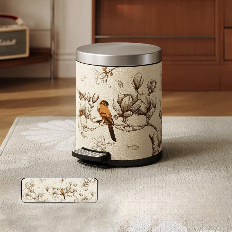 Luxuriöser, langlebiger Mülleimer aus Leder mit Blumen- und Vogelmotiv