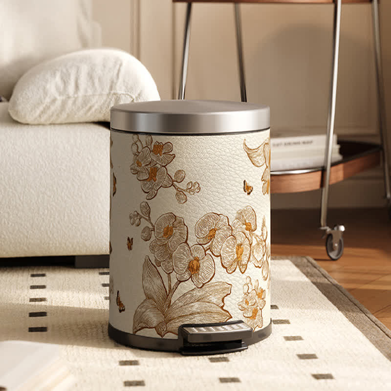 Luxuriöser, langlebiger Mülleimer aus Leder mit Blumen- und Vogelmotiv