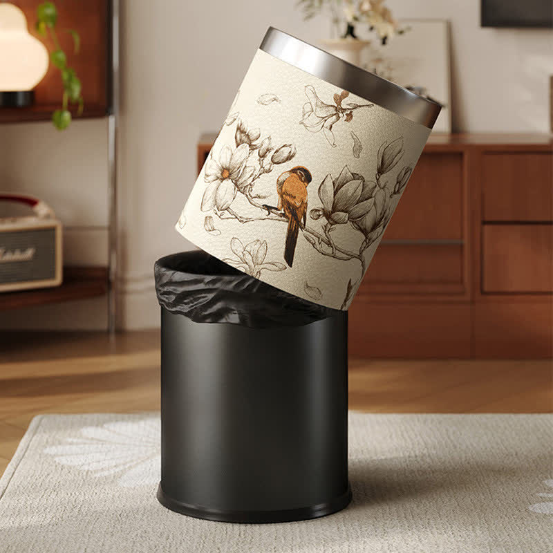 Luxuriöser, langlebiger Mülleimer aus Leder mit Blumen- und Vogelmotiv