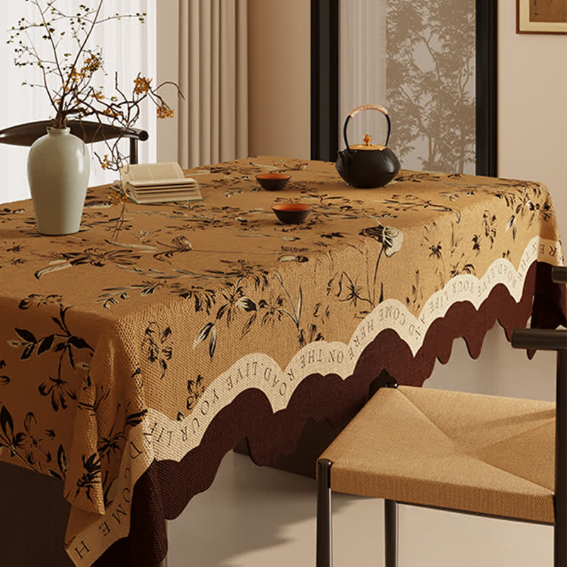 Vintage Tischdecke aus Baumwollleinen mit Pflanzenmotiv und Blumenmuster