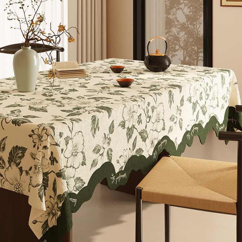 Vintage Tischdecke aus Baumwollleinen mit Pflanzenmotiv und Blumenmuster