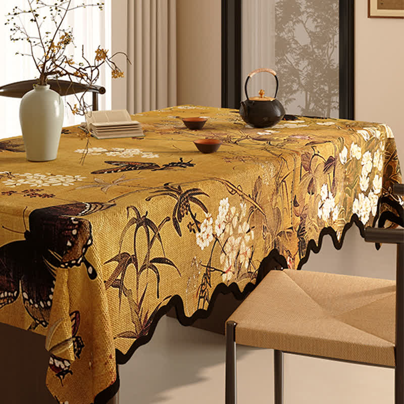 Vintage Tischdecke aus Baumwollleinen mit Pflanzenmotiv und Blumenmuster