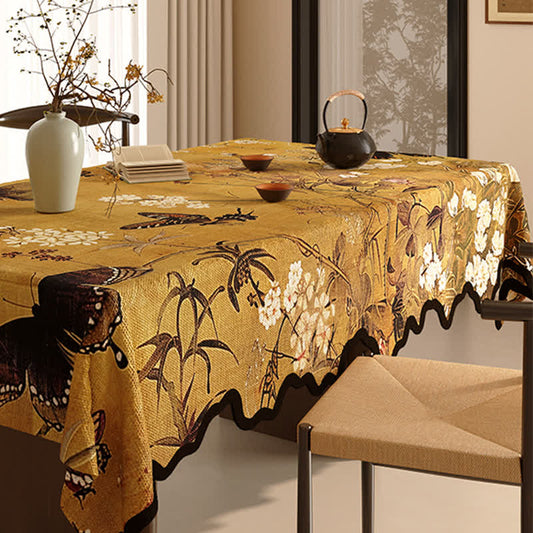 Vintage Tischdecke aus Baumwollleinen mit Pflanzenmotiv und Blumenmuster