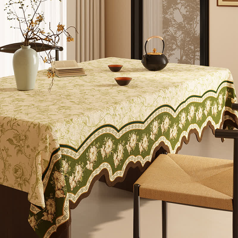 Vintage Tischdecke aus Baumwollleinen mit Pflanzenmotiv und Blumenmuster
