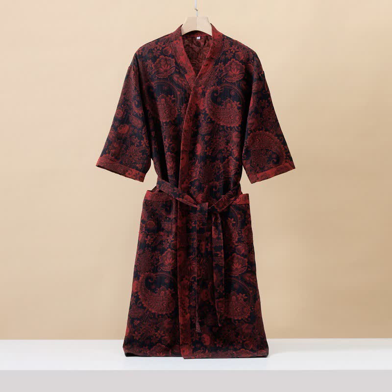 Bademantel aus Baumwollgaze im Kimono-Jacquard-Paisleymuster