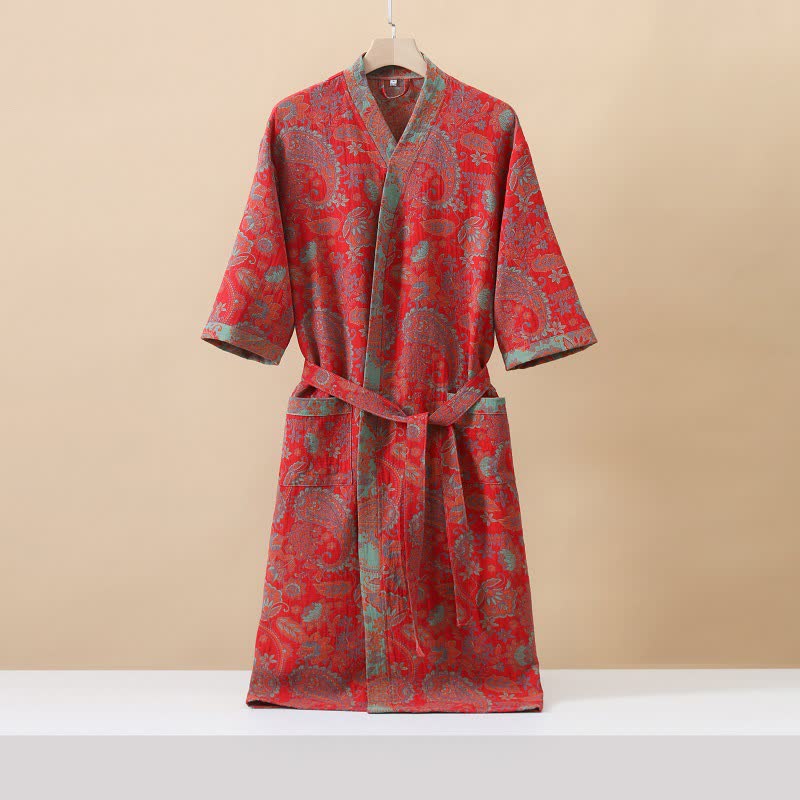 Bademantel aus Baumwollgaze im Kimono-Jacquard-Paisleymuster