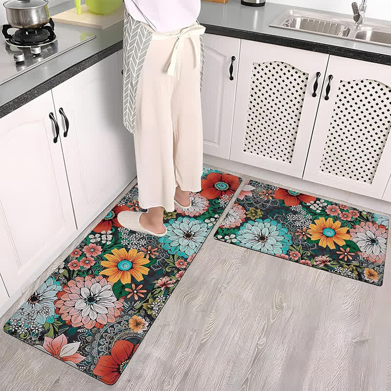 Küchenbodenmatte im Frühlingspastoralstil mit Blumenpflanzen