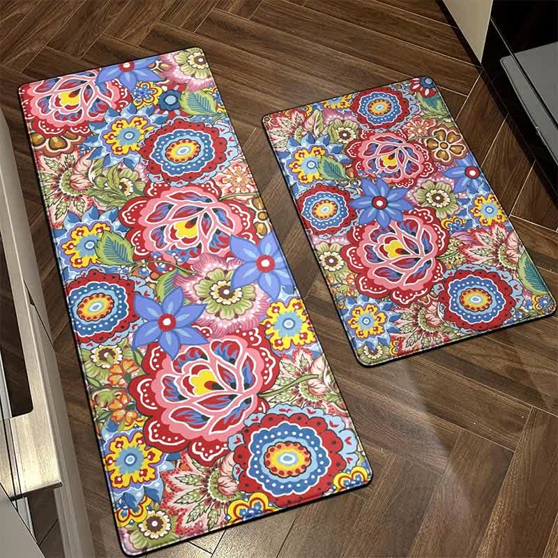 Küchenbodenmatte im Frühlingspastoralstil mit Blumenpflanzen