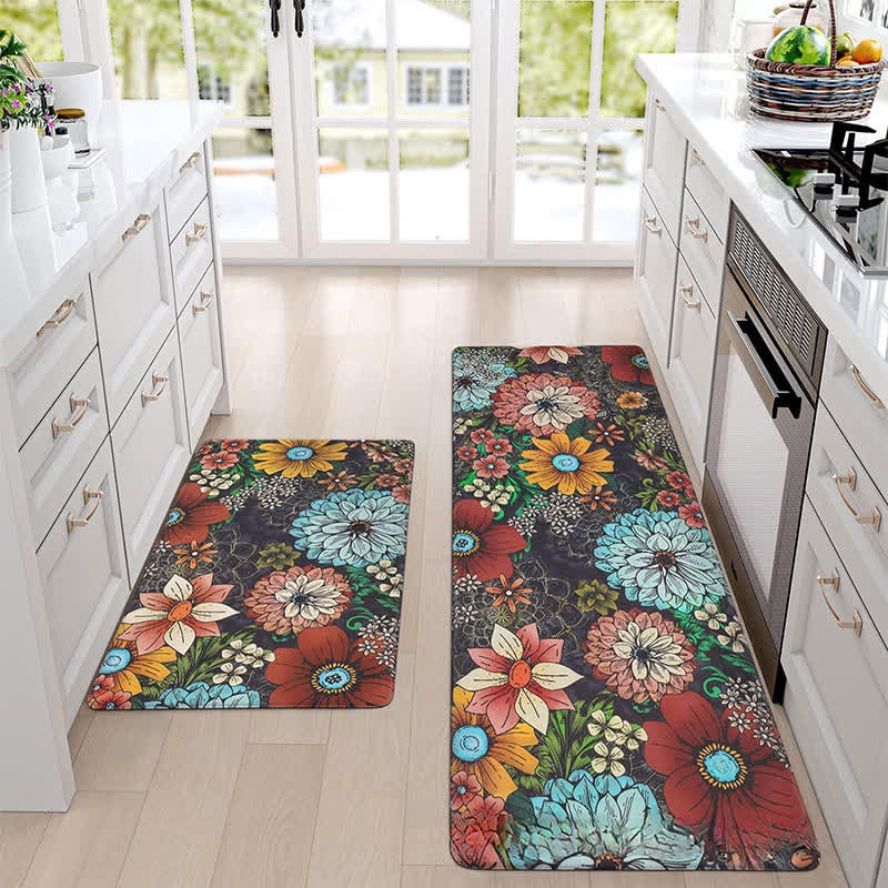 Küchenbodenmatte im Frühlingspastoralstil mit Blumenpflanzen
