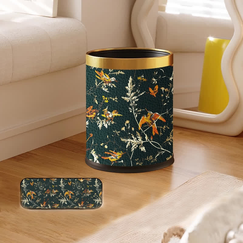 Papierkorb mit großem Fassungsvermögen aus Leder mit Blumen- und Vogelmotiv