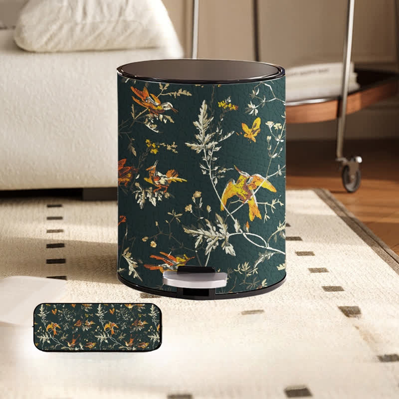 Papierkorb mit großem Fassungsvermögen aus Leder mit Blumen- und Vogelmotiv