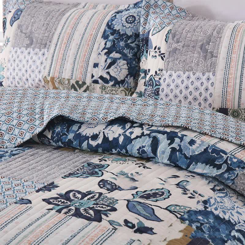 Gestepptes Bettwäscheset aus Baumwolle mit floralem Patchwork-Muster (3-teilig)