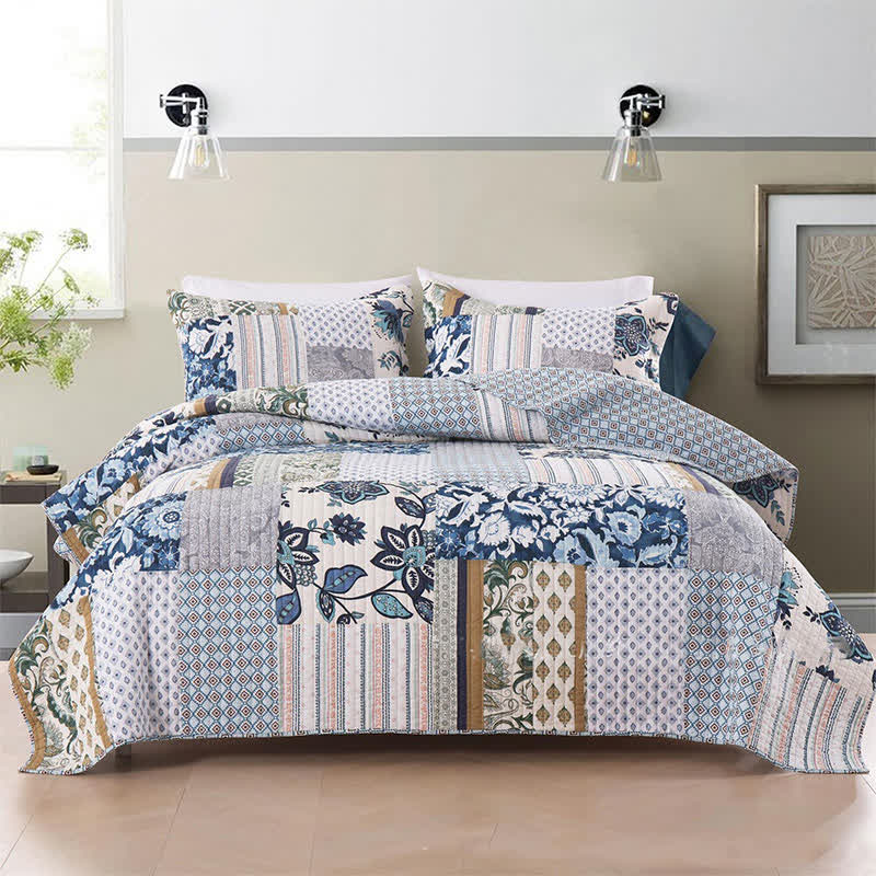 Gestepptes Bettwäscheset aus Baumwolle mit floralem Patchwork-Muster (3-teilig)