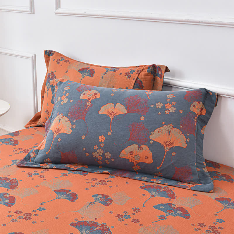 Jacquard-Bettdecke aus Baumwollgaze im Retro-Stil mit Ginkgoblättern