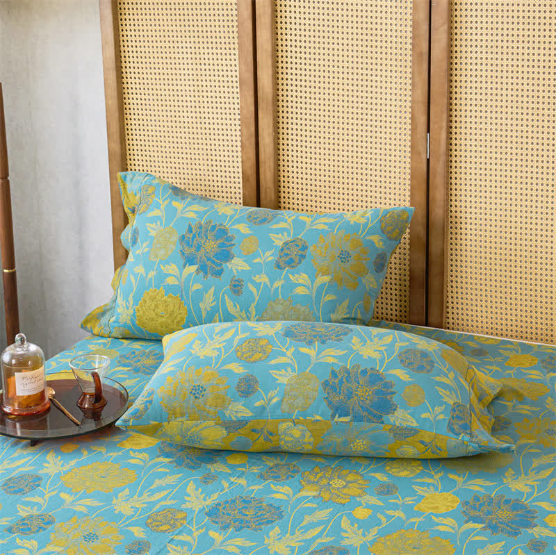 Atmungsaktives Jacquard-Bettwäscheset aus Baumwollgaze mit Blumenmuster (3-teilig)