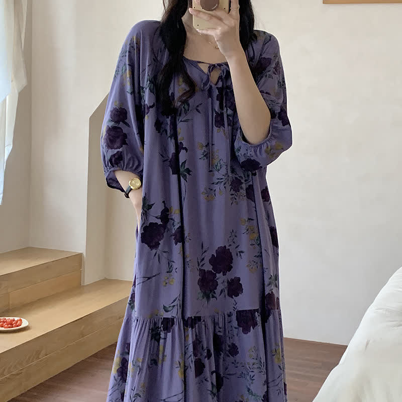 Atmungsaktives, weiches, langes Nachthemd mit Retro-Blumenmuster