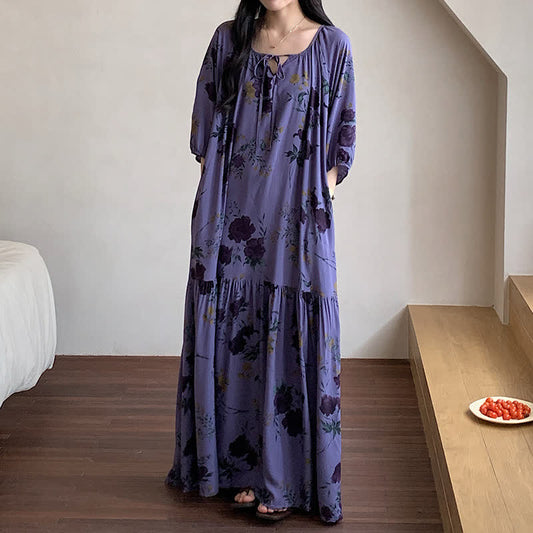 Atmungsaktives, weiches, langes Nachthemd mit Retro-Blumenmuster