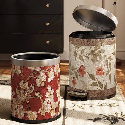 Luxuriöser Leder-Mülleimer mit Blumen- und Vogelmotiv