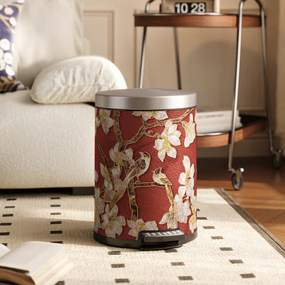 Luxuriöser Leder-Mülleimer mit Blumen- und Vogelmotiv