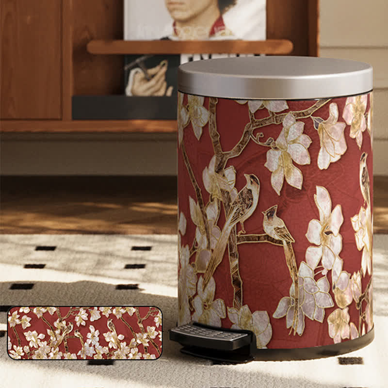 Luxuriöser Leder-Mülleimer mit Blumen- und Vogelmotiv