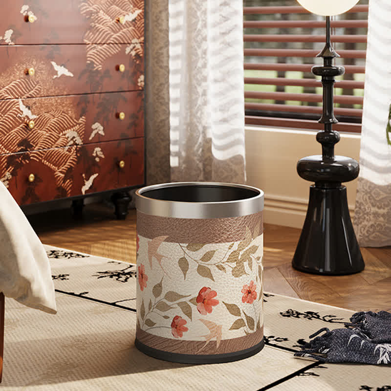 Luxuriöser Leder-Mülleimer mit Blumen- und Vogelmotiv
