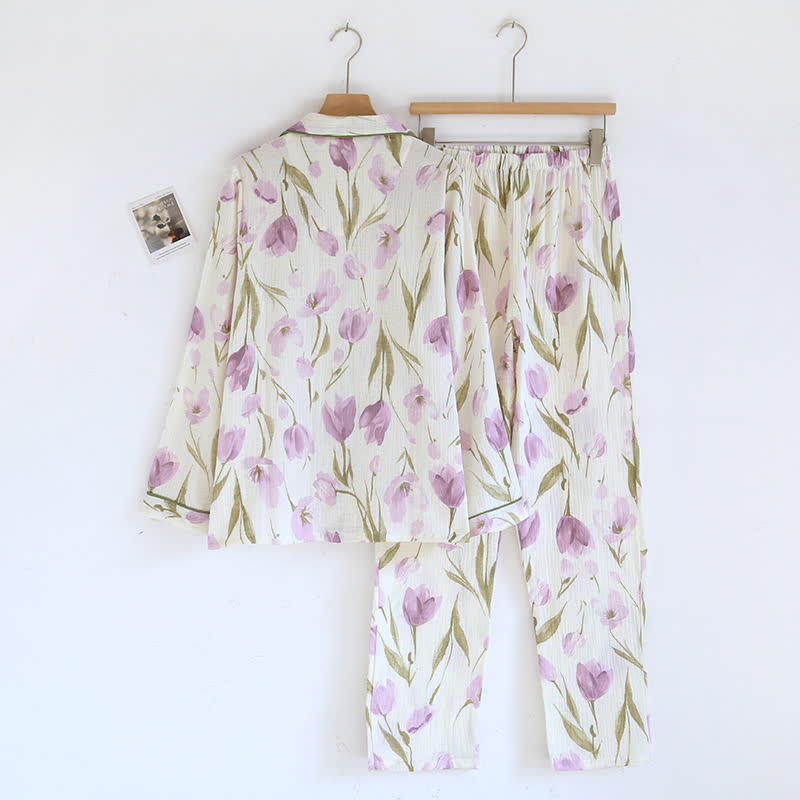 Jacquard-Pyjama-Set aus Baumwollgaze mit Tulpenmuster und Revers