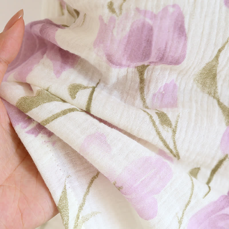 Jacquard-Pyjama-Set aus Baumwollgaze mit Tulpenmuster und Revers