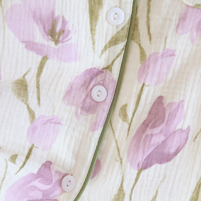 Jacquard-Pyjama-Set aus Baumwollgaze mit Tulpenmuster und Revers