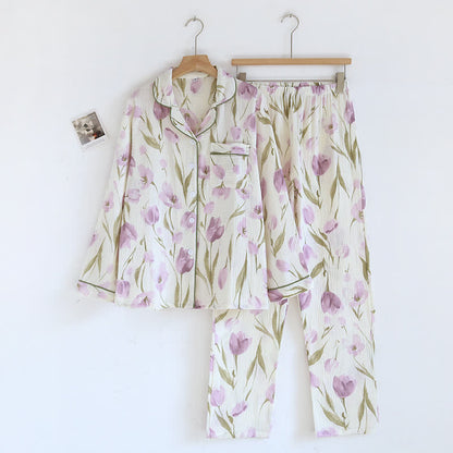 Jacquard-Pyjama-Set aus Baumwollgaze mit Tulpenmuster und Revers