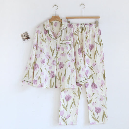 Jacquard-Pyjama-Set aus Baumwollgaze mit Tulpenmuster und Revers
