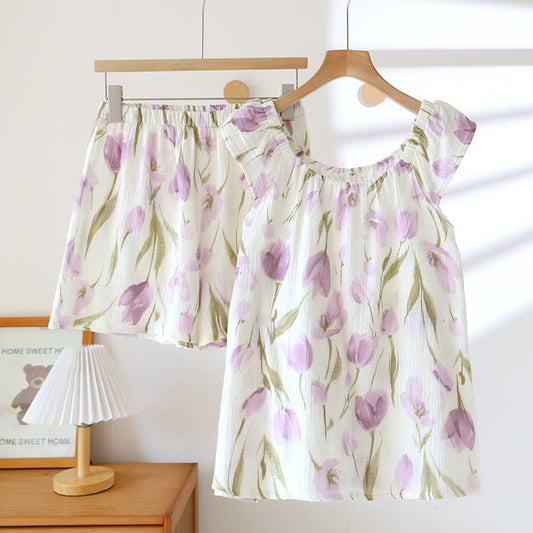 Atmungsaktives Pyjama-Set aus Baumwollgaze „Rural Tulip“