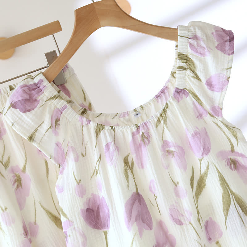 Atmungsaktives Pyjama-Set aus Baumwollgaze „Rural Tulip“