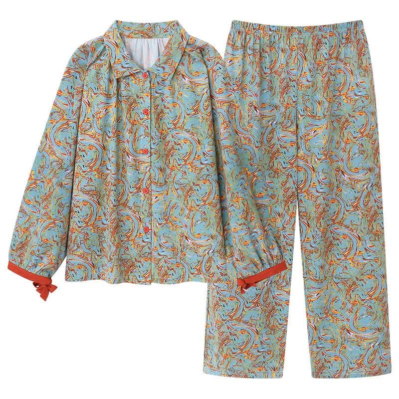 Orange-rotes Loungewear-Set mit langärmeligem Liniendruck