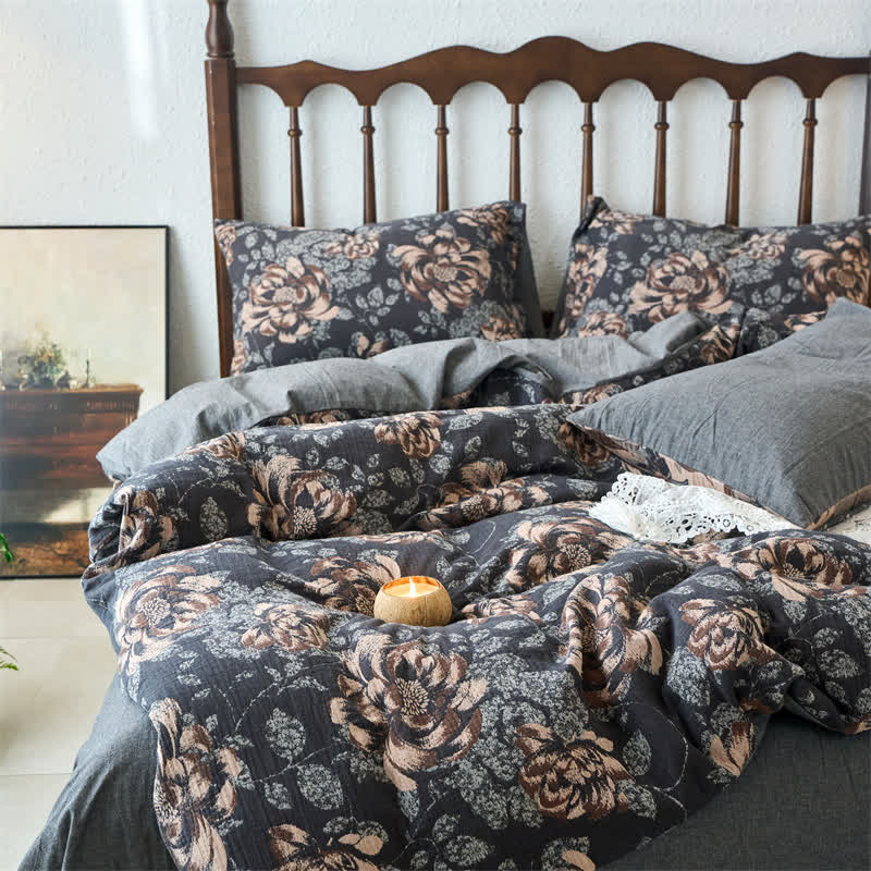 Retro-Bettwäscheset aus Baumwollgaze-Jacquard mit Blumenmuster (4-teilig)