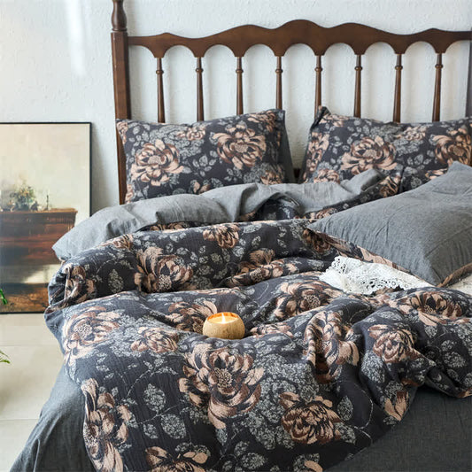 Retro-Bettwäscheset aus Baumwollgaze-Jacquard mit Blumenmuster (4-teilig)
