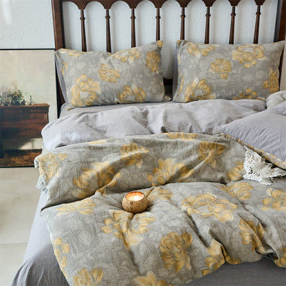Bettwäscheset aus Baumwollgaze mit neutralem Blumenmuster (4-teilig)