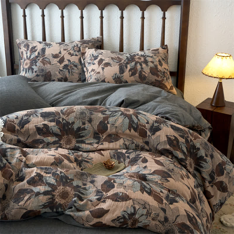 Garngefärbtes Bettwäscheset aus Baumwolle mit Jacquard-Blumenmuster (4-teilig)