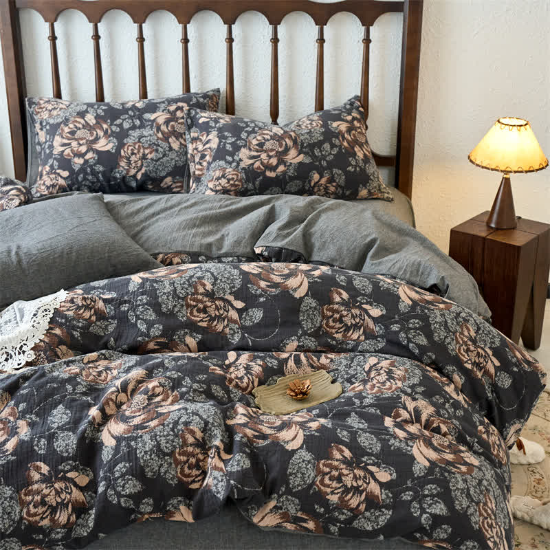 Retro-Bettwäscheset aus Baumwollgaze-Jacquard mit Blumenmuster (4-teilig)