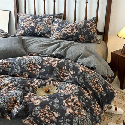 Retro-Bettwäscheset aus Baumwollgaze-Jacquard mit Blumenmuster (4-teilig)